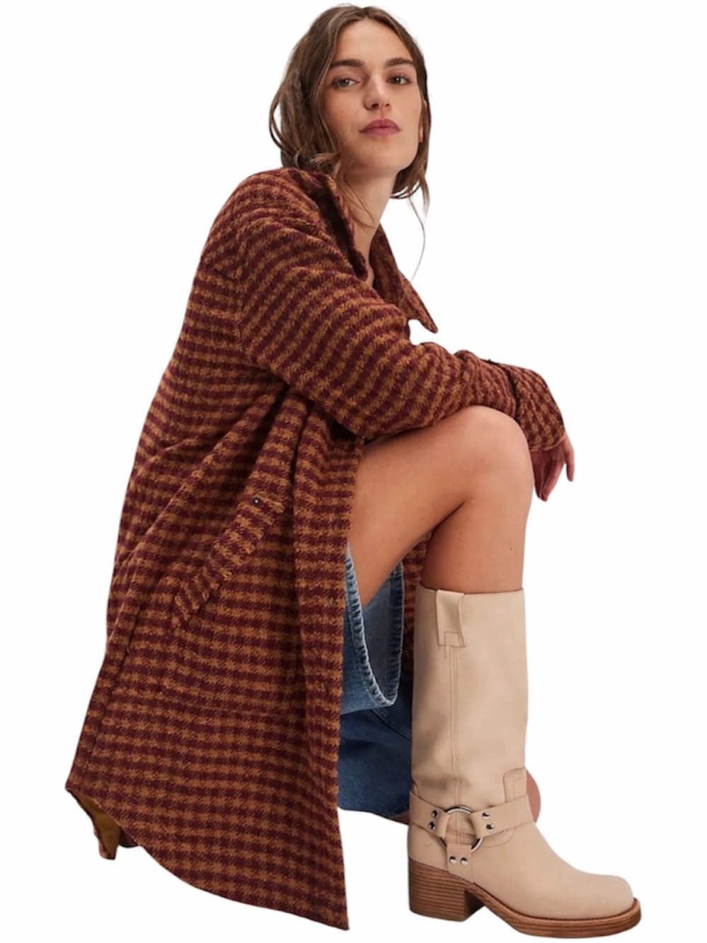 🦋We the free Oversized Plaid Shacket 
Brown Wool Blend Get Around Houndstooth